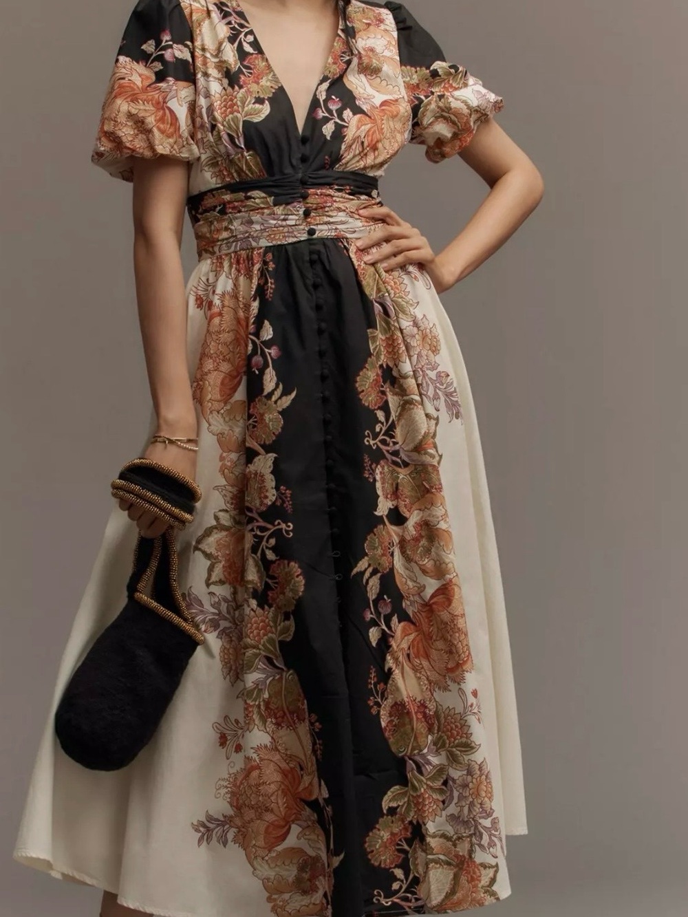 Anthropologie Katerina Button-front Black and Cream Floral V-Neck Midi Dress